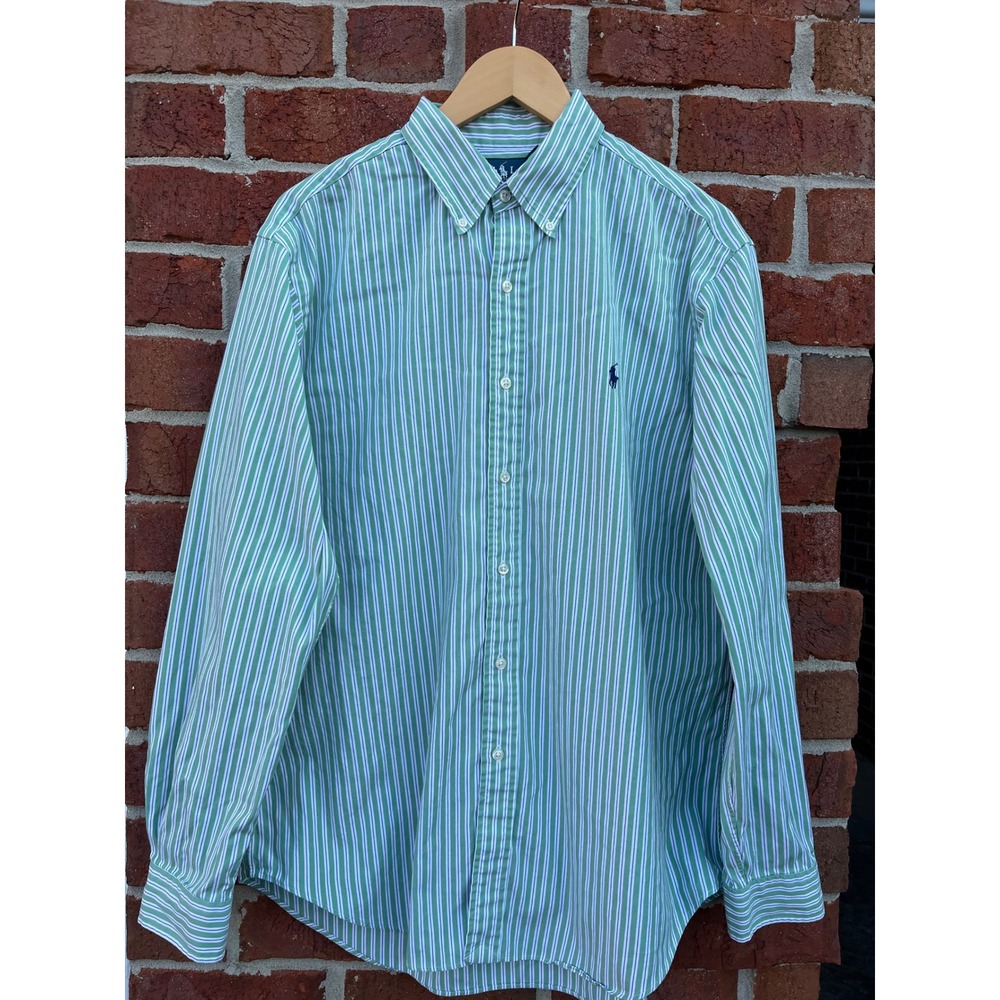 Polo Ralph Lauren Classic Fit Striped Oxford Shirt Green White Mens 16.5 34/35